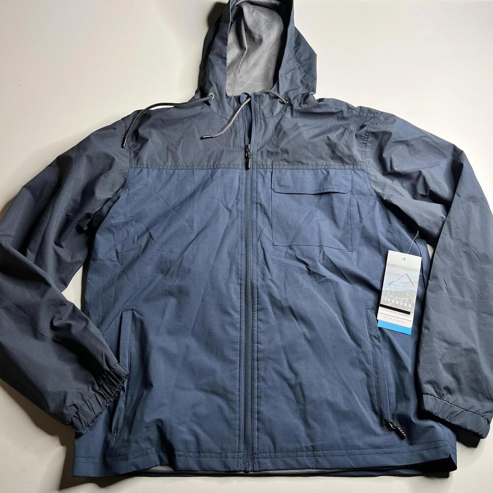 Iceburg Jacket Mens Large‎ Blue Hooded Windbreaker Water Resistant Lightweight